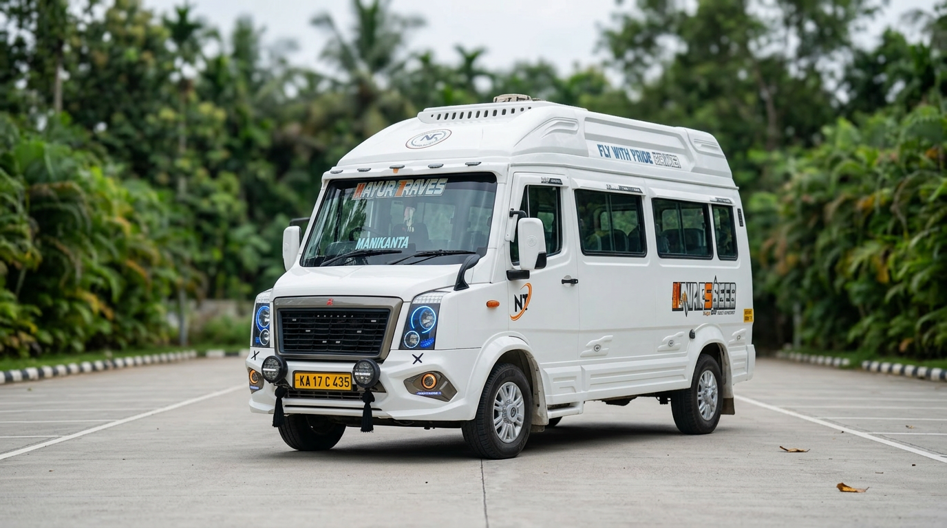 White Force Tempo Traveller of Navyashree Travels parked on a road