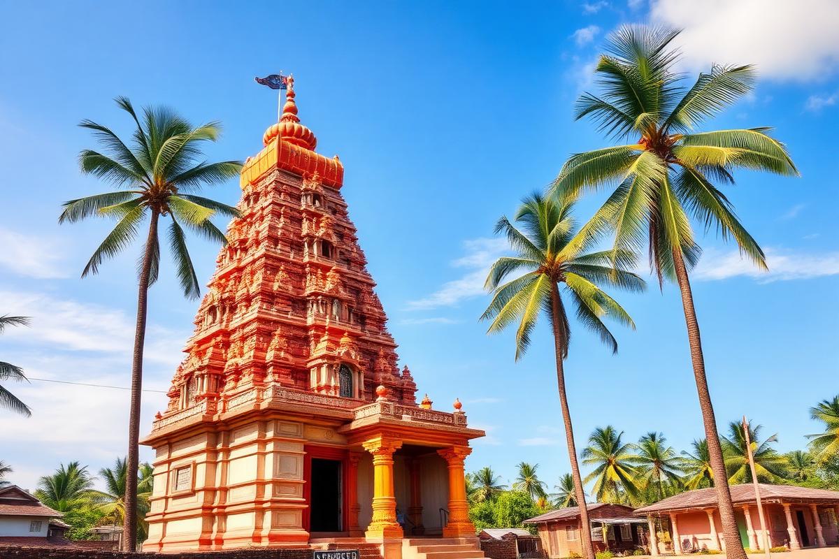 Colourful South Indian temple gopuram with coconut palms, illustrating the Dwimukha Chamundeshwari temple route