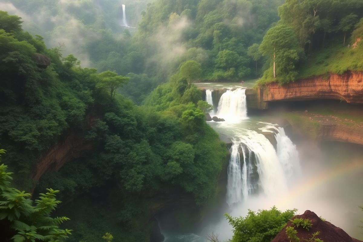 Forested Western Ghats waterfall cascade illustrating the Raja Falls route