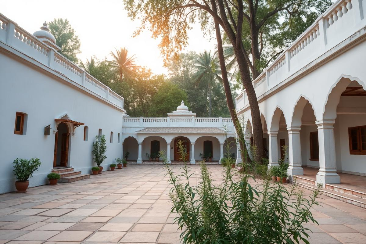 Quiet whitewashed ashram courtyard with arched verandas and trees